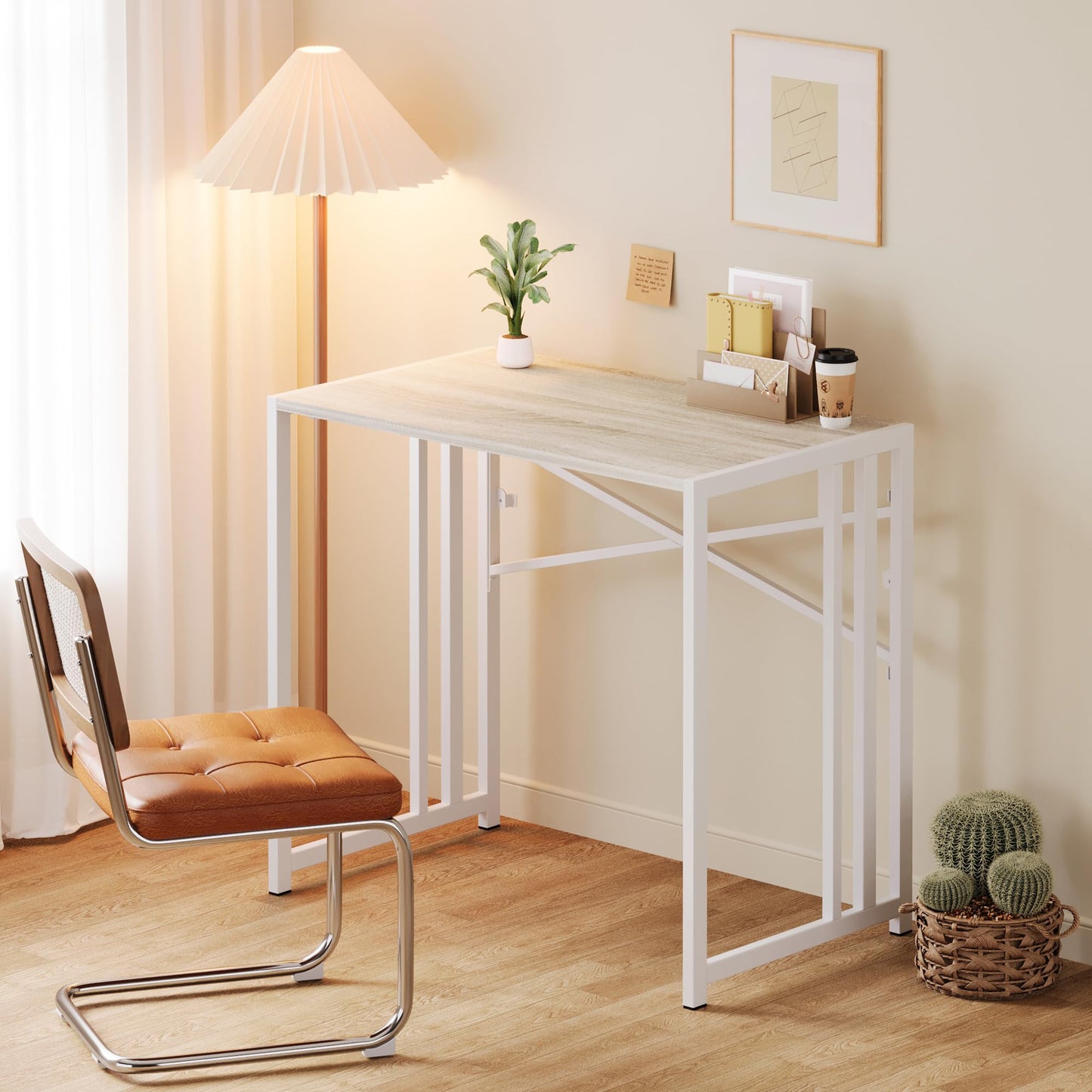 Lutown-Teen Small Folding Desk 90 cm No Assembly Required, Beige