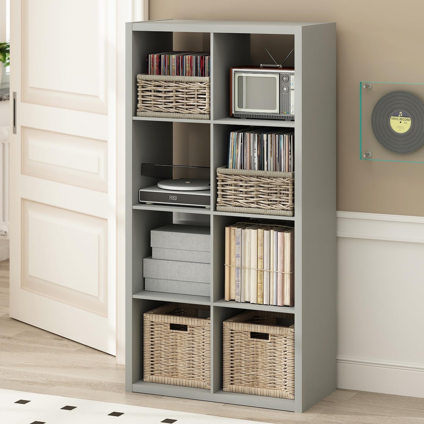Furinno CUBICLE Record Player Stand with Vinyl Storage, 8-Cube 3cm Extra Thick Vinyl Record Storage
