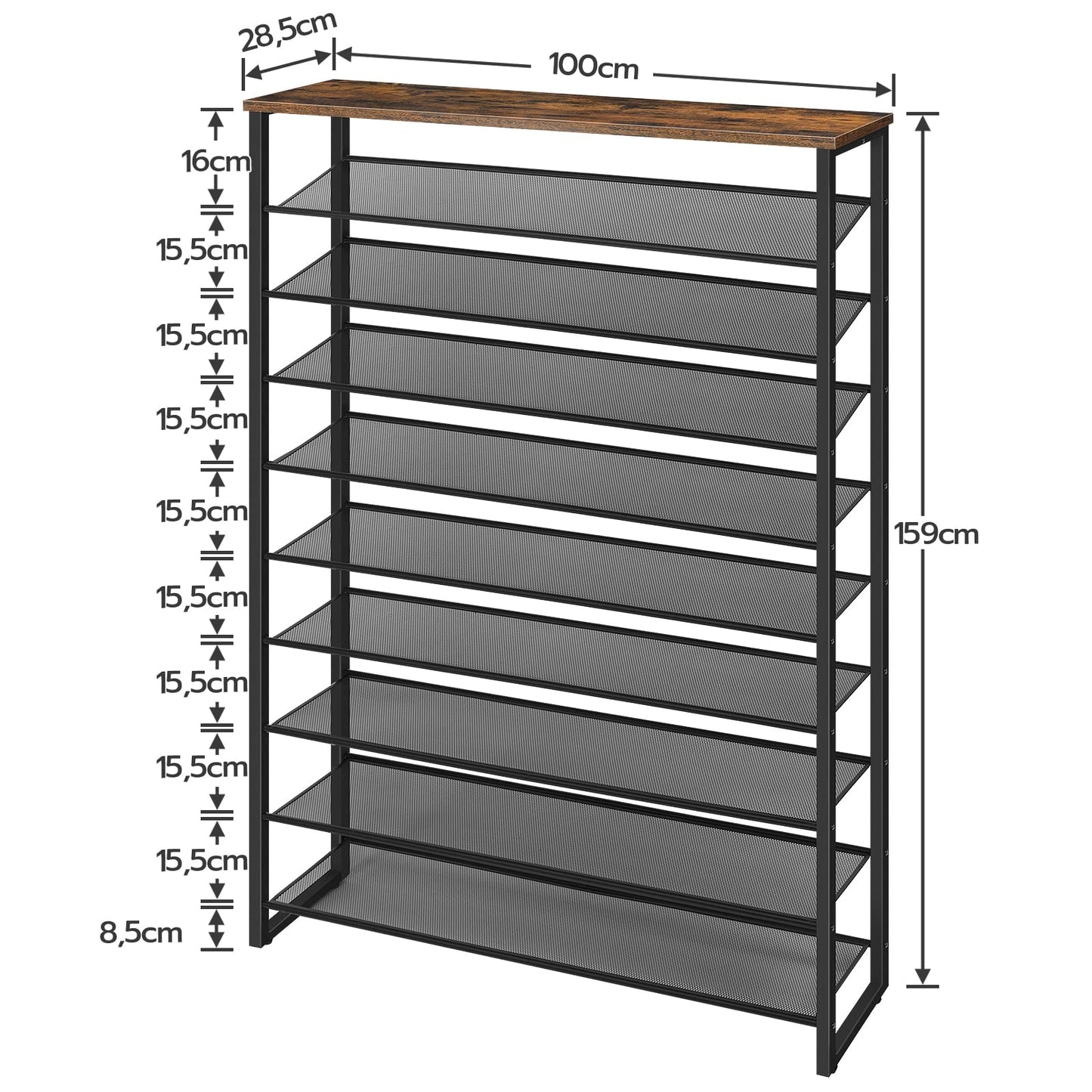 HOOBRO 10-Tier Shoe Rack, Large Capacity Shoe Storage Organizer, Shoe Storage Unit for 36-45 Pairs of Shoes, 100 x 28.5 x 159 cm, Tall Shoe Shelf