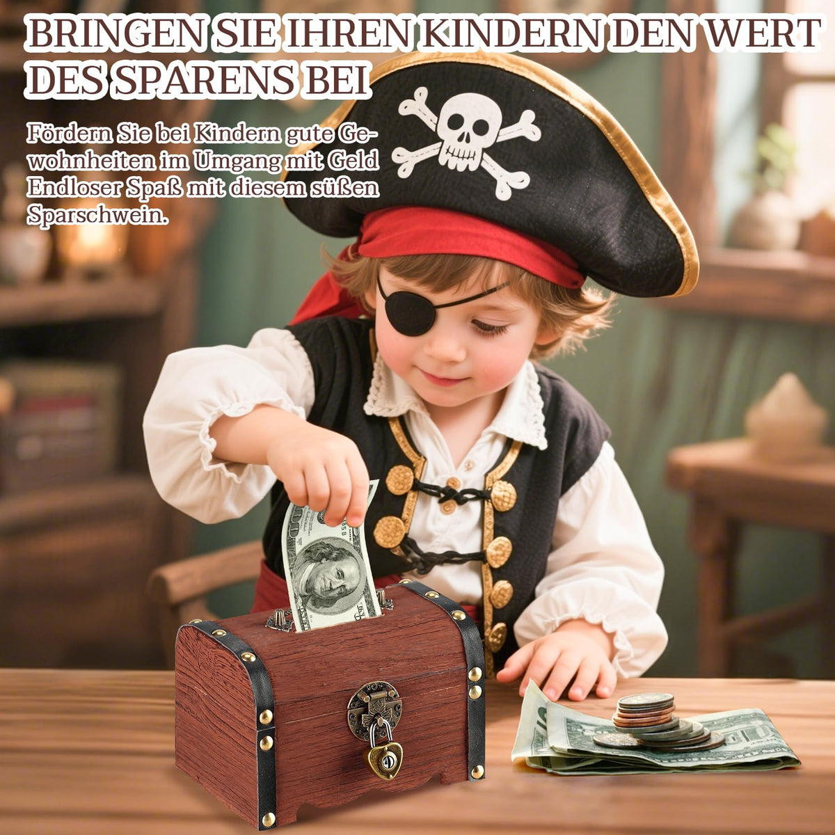 Forbabe Treasure Chest Wooden Brown Small Money Box with Lock 14.5 x 10.5 x 10.3 cm