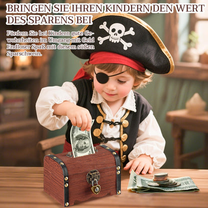 Forbabe Treasure Chest Wooden Brown Small Money Box with Lock 14.5 x 10.5 x 10.3 cm