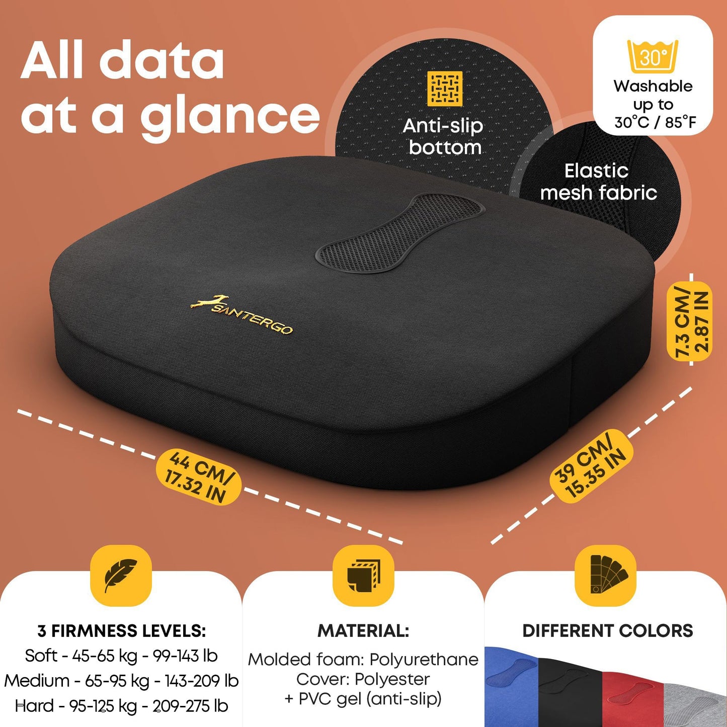 SANTERGO Orthopedic Seat cushion [PATENTED & STABLE] Lumbar Coccyx | Seat cover office chair car wheelchair | seat cushion, ergonomic back cushion