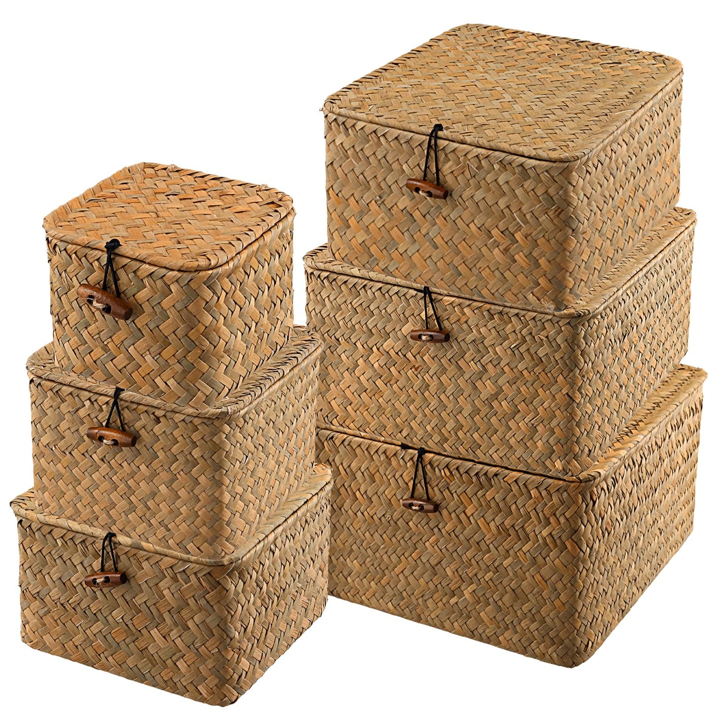 MOUYAT 6 PCS Wicker Baskets with Lids, Wicker Storage Baskets with Lids, Rectangular Handmade Organizer Bins