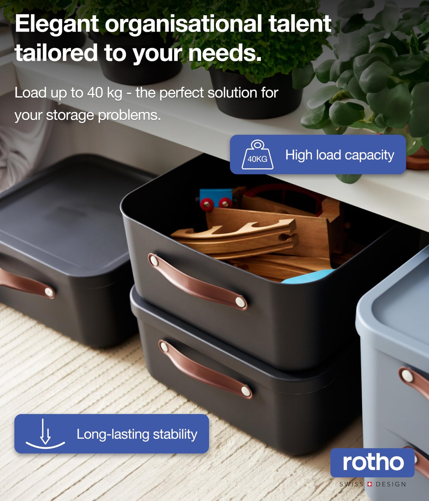 Rotho Maloja 40l Stackable Plastic Storage Box, Blue (Recycled PP), 39.5 x 38.0 x 34.0 cm