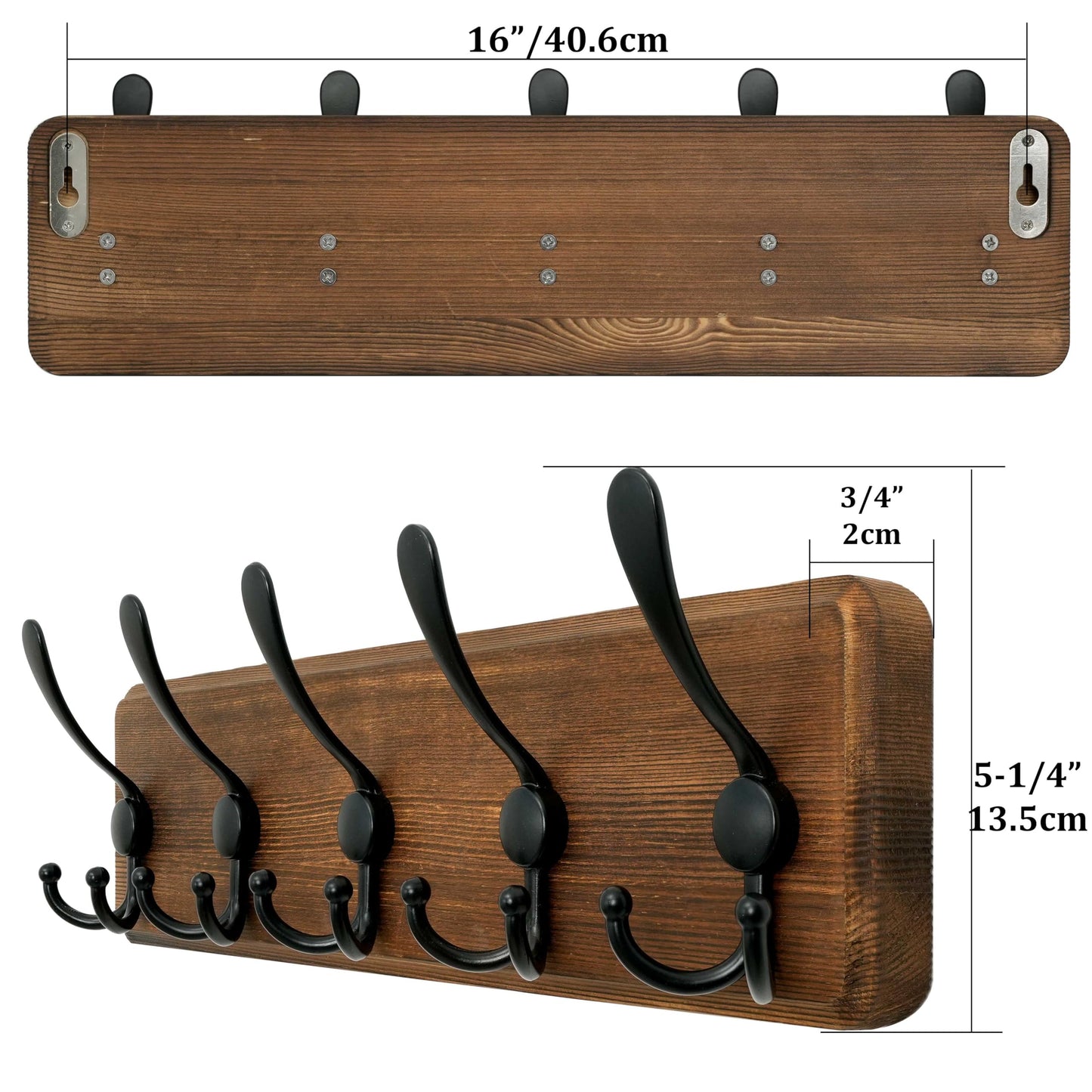 WEBI Coat Rack Wall Mount,Wood Coat Hooks Wall Mounted,16" Hole to Hole,Coat Hanger Wall,Hook Rack Rail,5 Triple Hooks for Hanging