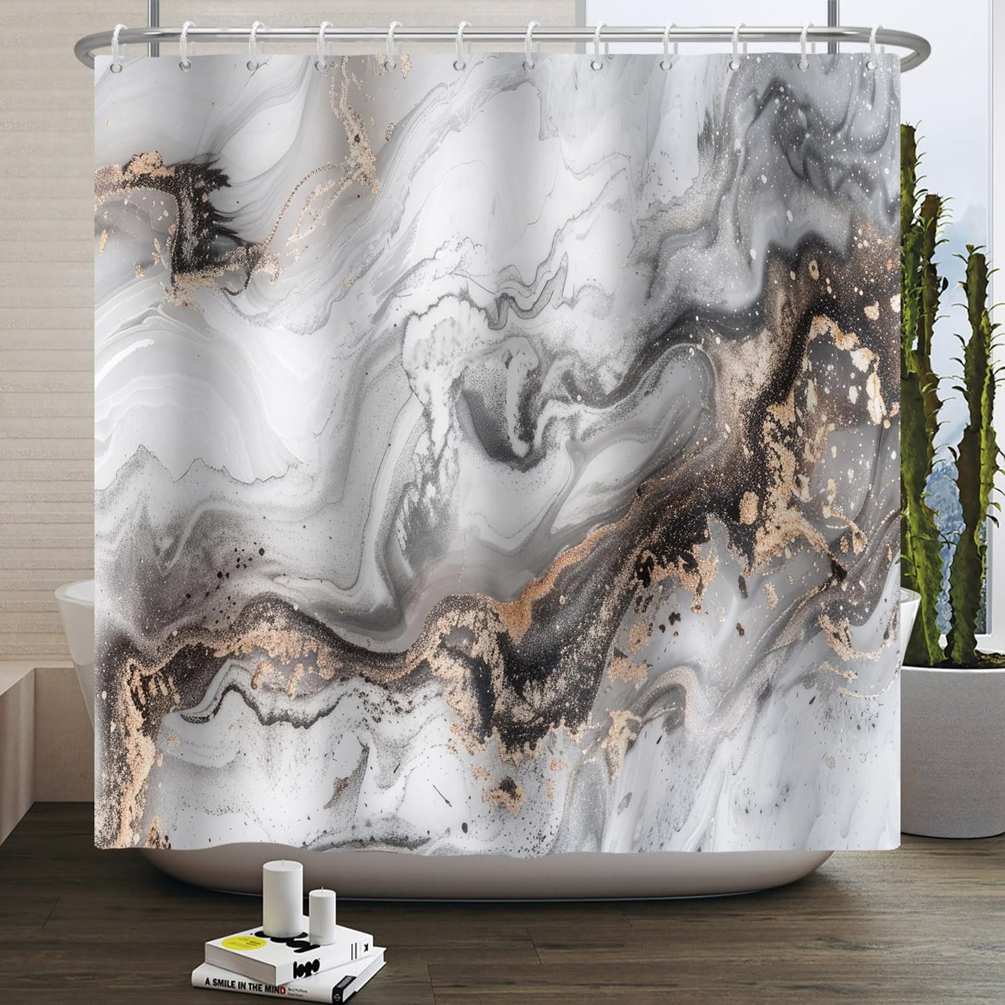 Kzzfqxb 183x213cm Shower Curtains with Plastic Hooks, Waterproof Occluded Grey Black Marble Texture Waterflow Wave Golden Sandflow Modern Pattern for
