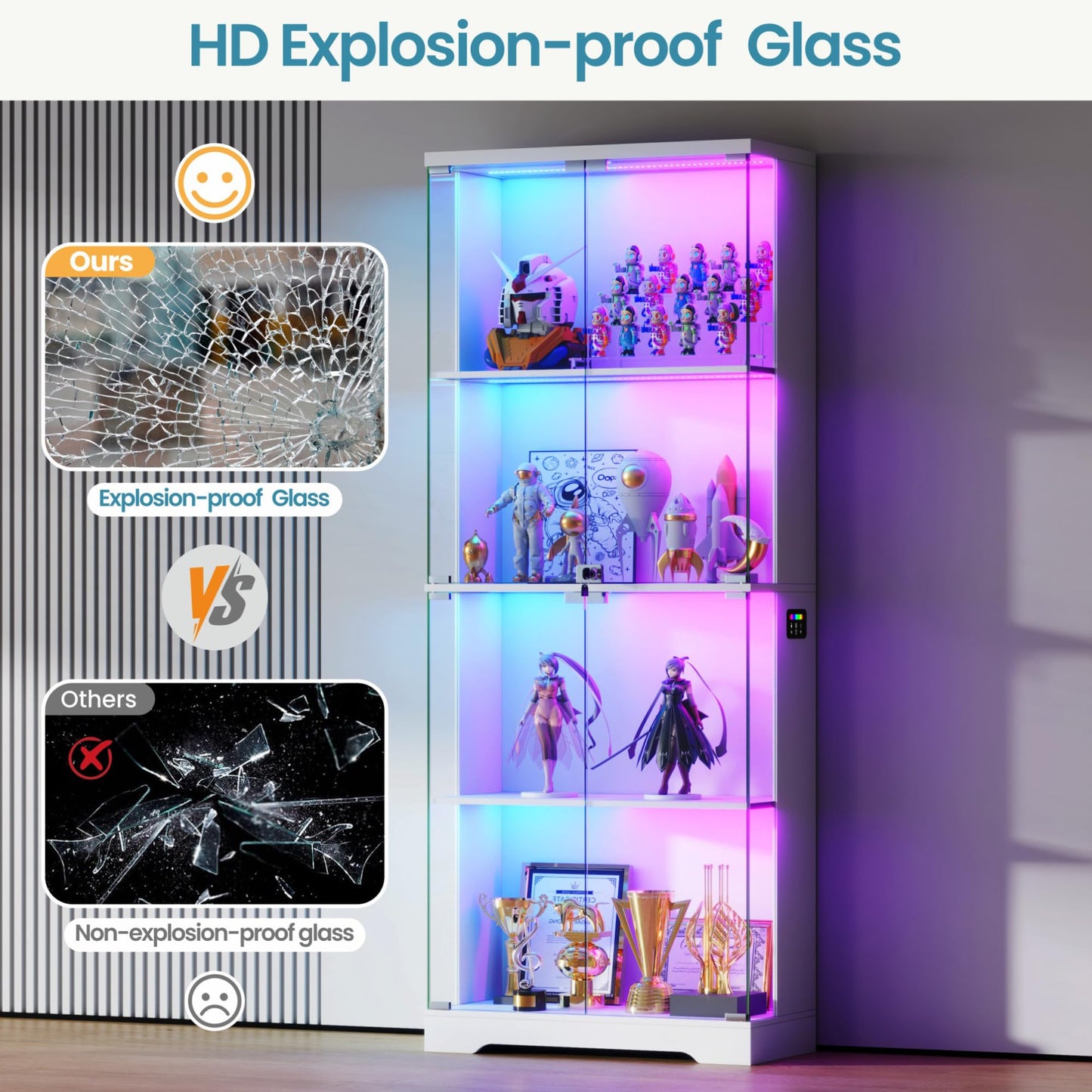 FREDEES Glass Display Cabinet with RGB Lights, 4-Tier, White