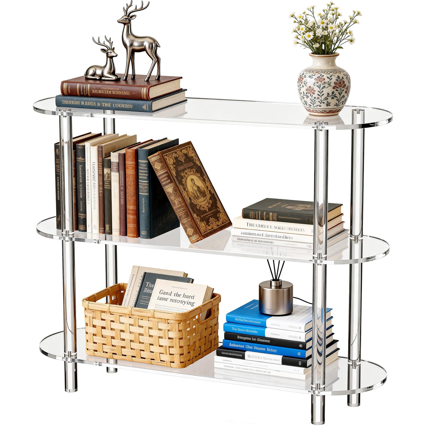 Clear Acrylic Bookshelf Bookcase, Narrow Oval, 3 Tier, 80 x 24 x 72 cm