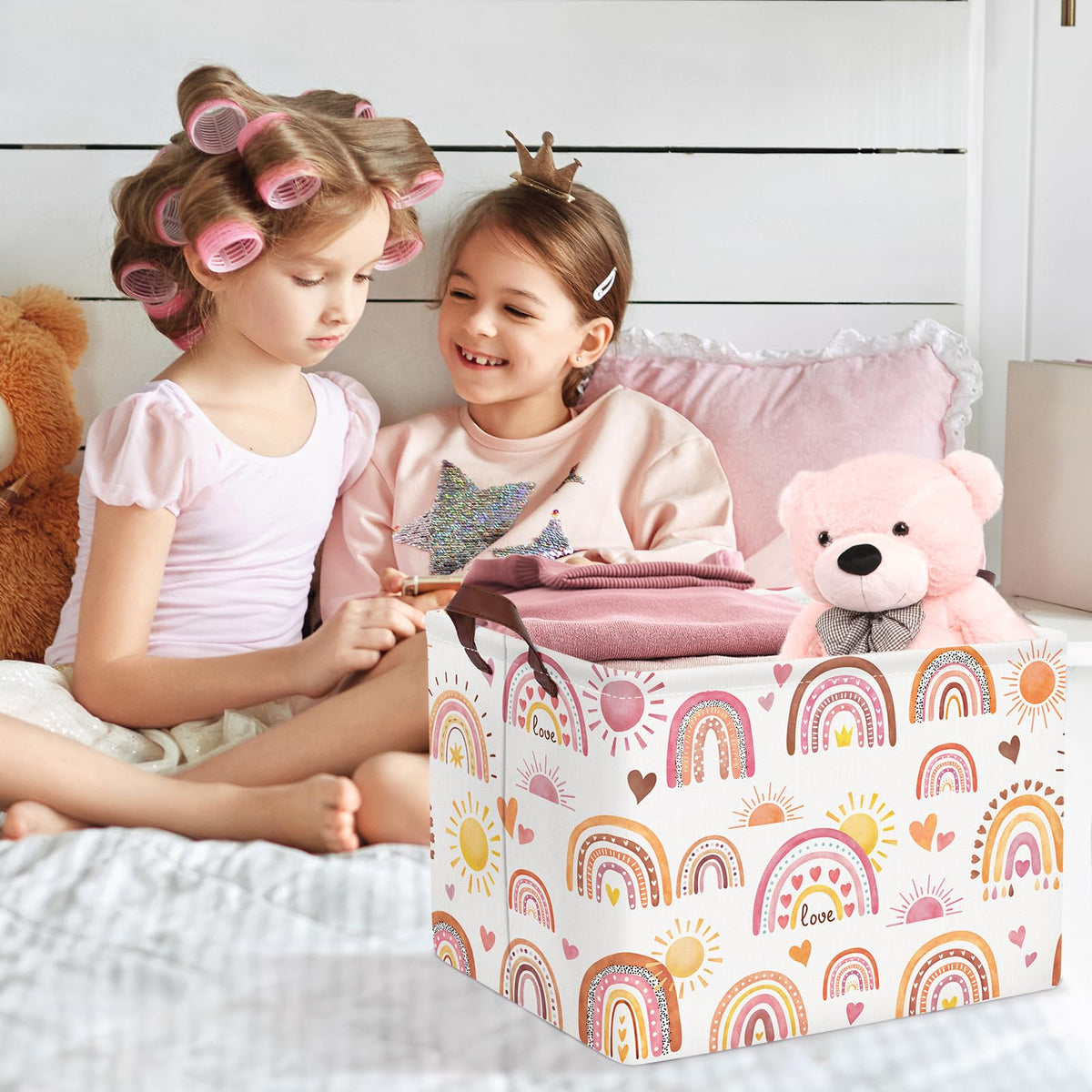 Clastyle Rainbow Baby Laundry Hamper Folding Clothes Kids Storage Basket Waterproof Girls Toy Box for Bedroom,Heart,40x30x30 cm