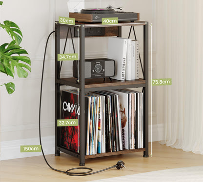 HFHOME Vinyl Record Storage with Charging Station, 3 Tier Side Table Living Room Cabinet, able with Storage, Turntable Stand in Living Room, Bedroom