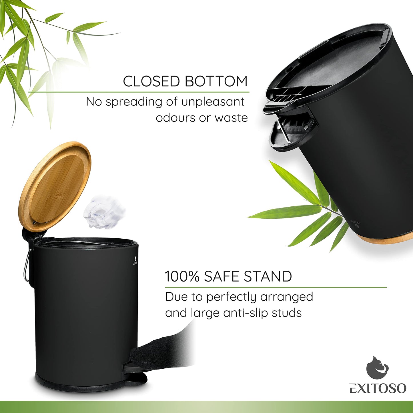 Exitoso 3L Small Bathroom Bin with Lid - Slim Bedroom Bin with Lid - Small Pedal Bin - Small Bin for Bedroom Black Bathroom Bin