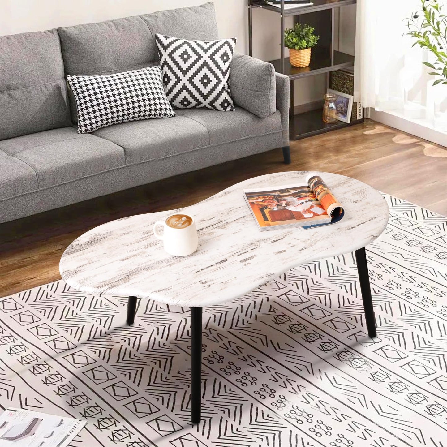 FEUFOAM Farmhouse Coffee Tables Cloud Shape Mid-Century Sofa Table Unique White Wood Grain Tabletop Floor Table Rustic Decorative Sofa Center Table