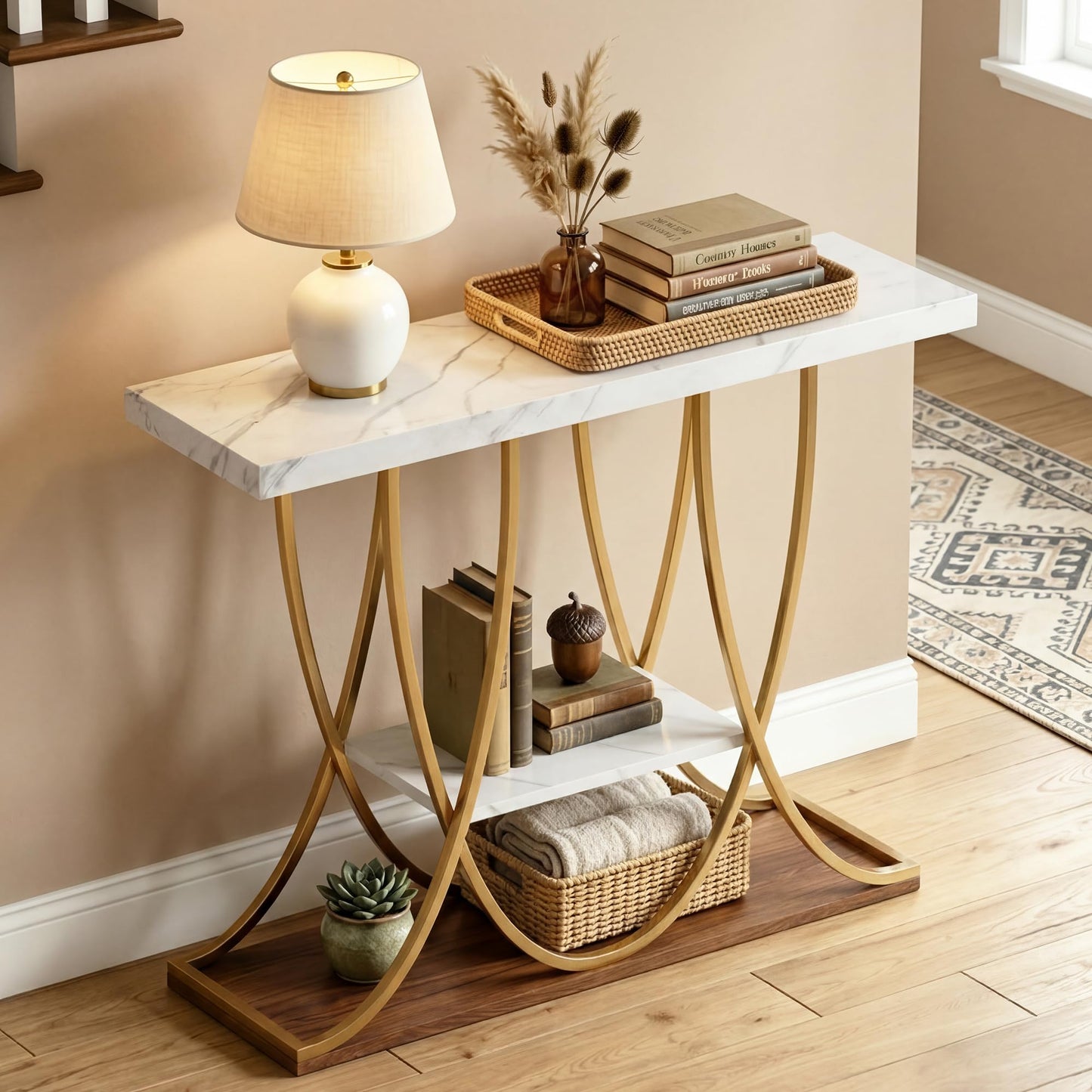 DAWNYIELD 3-Tier Console Table with Curved Metal Frame, Gold