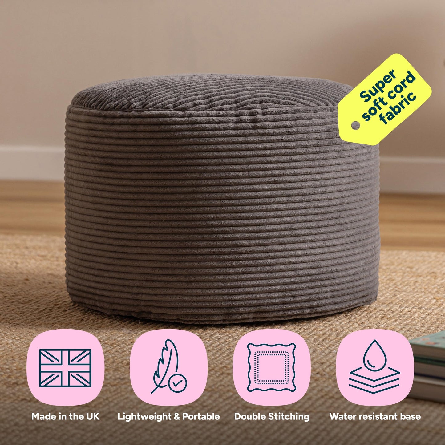 icon Milano Large Cord Bean Bag Footstool with Filling Included, Grey