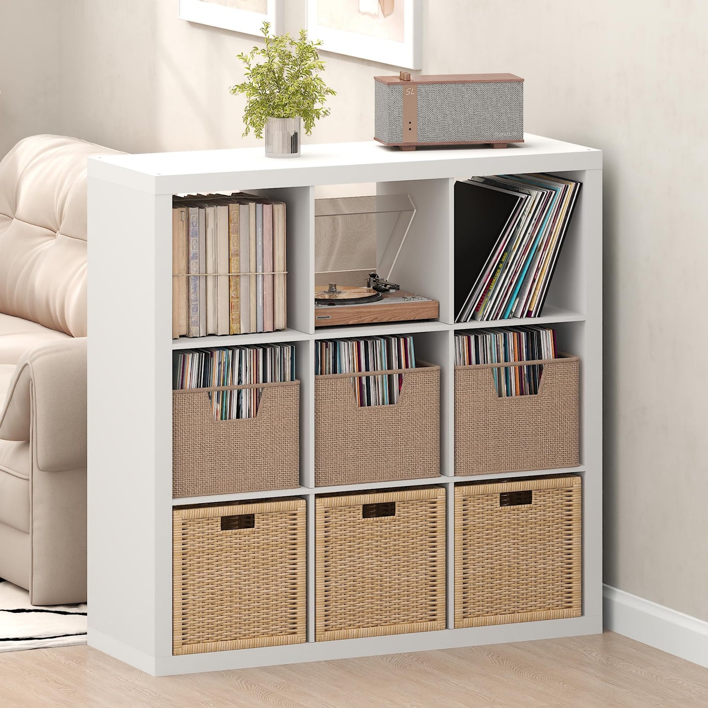 Furinno CUBICLE Record Player Stand with Vinyl Storage, 9-Cube 1.8 Triple Thick Vinyl Record Storage
