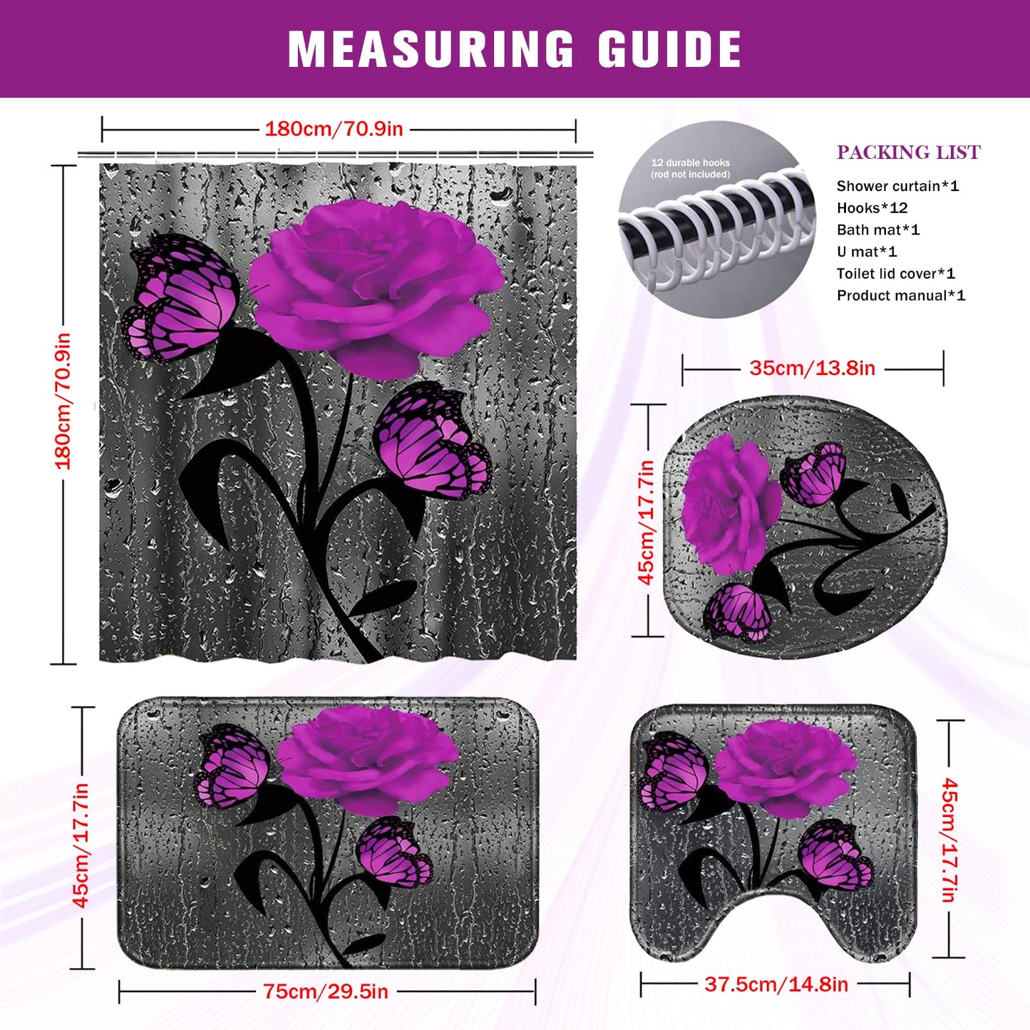 BXFUL 4 Piece Waterproof Shower Curtain Set for Bathroom-Rose-Non-Slip Bath Mat and 12 Hooks,Curtain Set with Rug,Toilet Lid Cover Bathroom