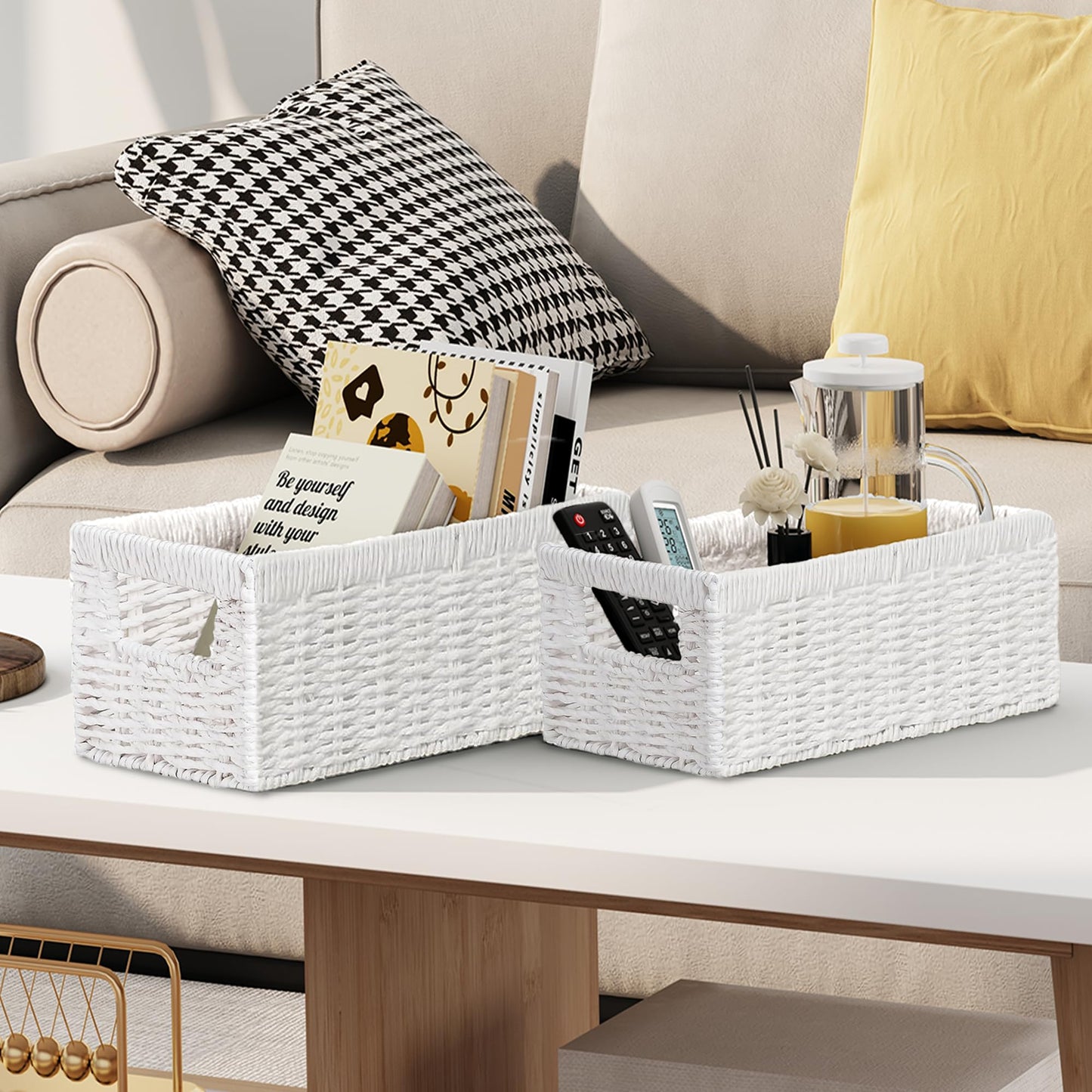 Vagusicc Wicker Storage Basket, Set of 2 Handwoven Storage Baskets for Shelves, Organiser Storage Basket with Handles, Toilet Paper Basket