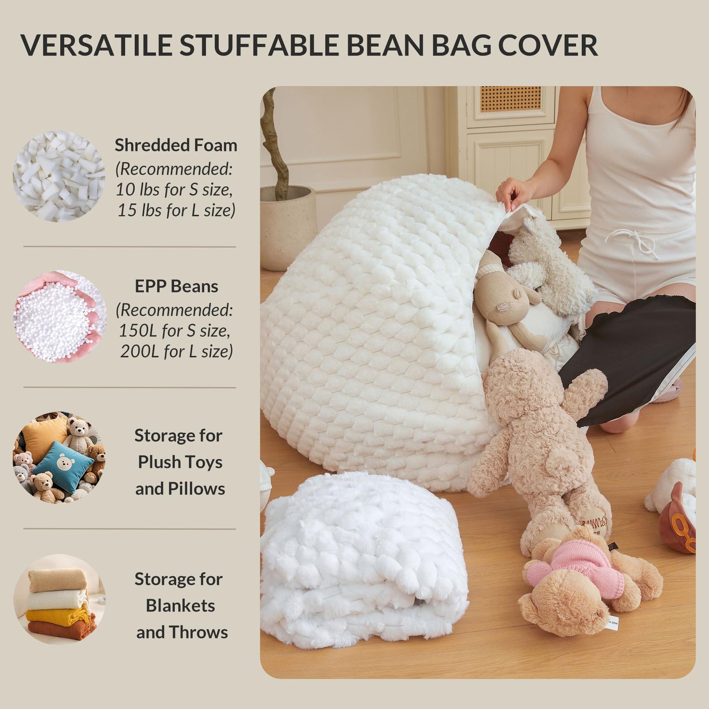 XeGe 3D Bubble Kids Faux Rabbit Fur Bean Bag Cover(No Filler), Sage Green