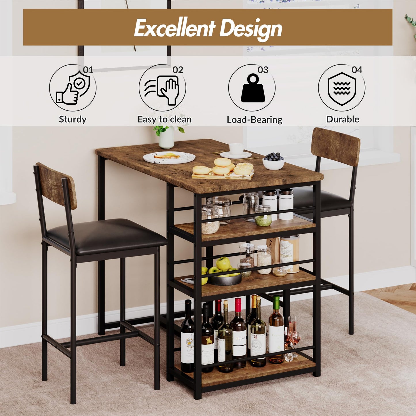 Crevyteg Compact 3-Piece Breakfast Bar Set for Small Spaces - Includes Storage Shelf Table & 2 High-Back PU Leather Stools