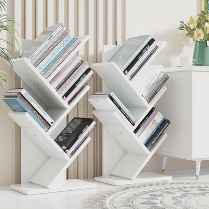 YMYNY 4 Tier Tree Bookshelf, Small Bookcase, Modern Wood Book Storage Rack, Freestanding Book Shelf for Books/Movies/CDs, Narrow Display Rack for