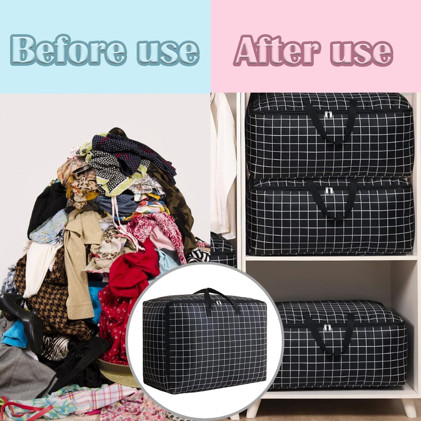 Storage 2 Pcs Large bag 105L Wardrobe Heavy Duty Laundry Oxford Cloth Duvet King Size Moisture Proof Black White Plaid