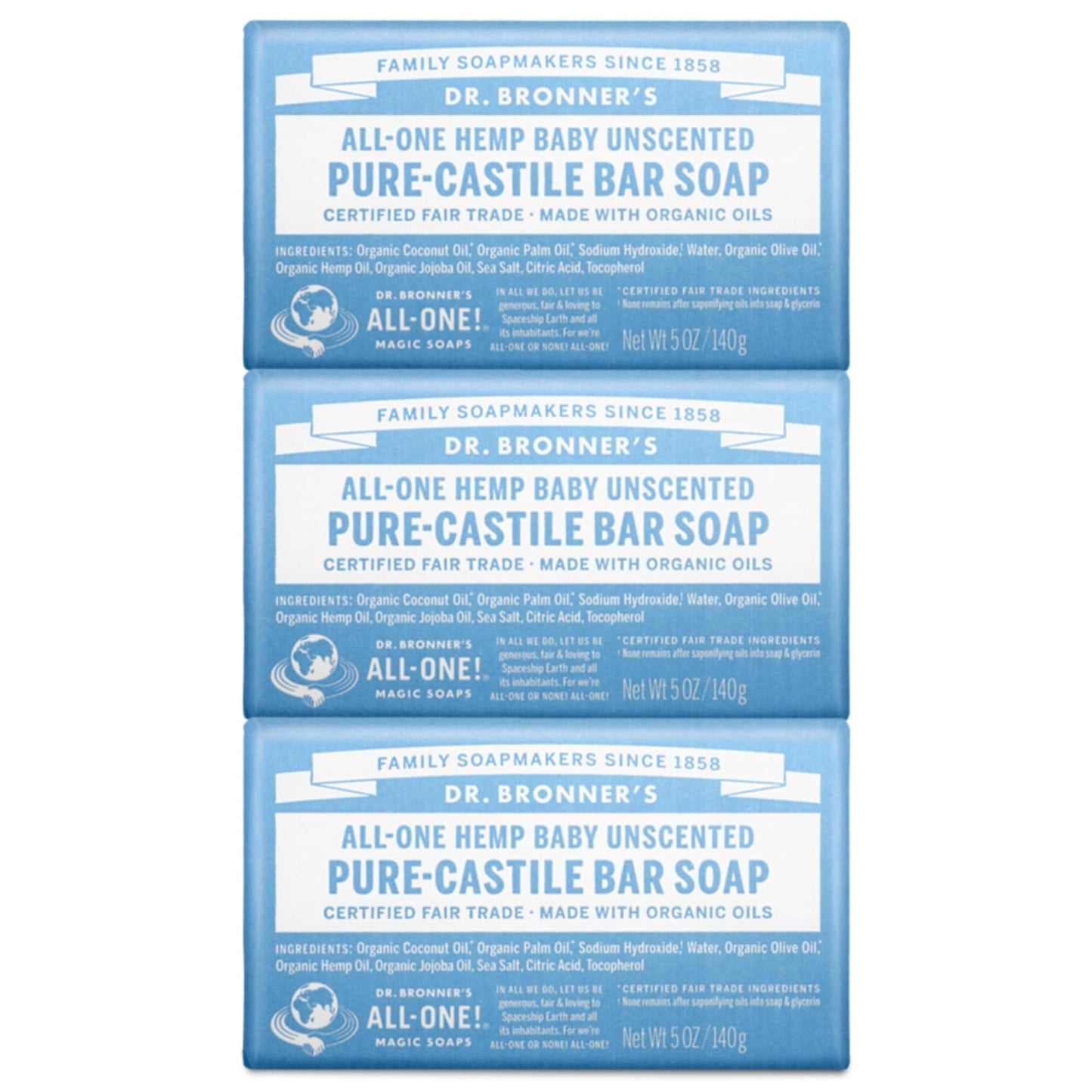 Dr. Bronner's Pure-Castile Bar Soap - Baby Unscented, 5oz. Bars (Pack of 3)