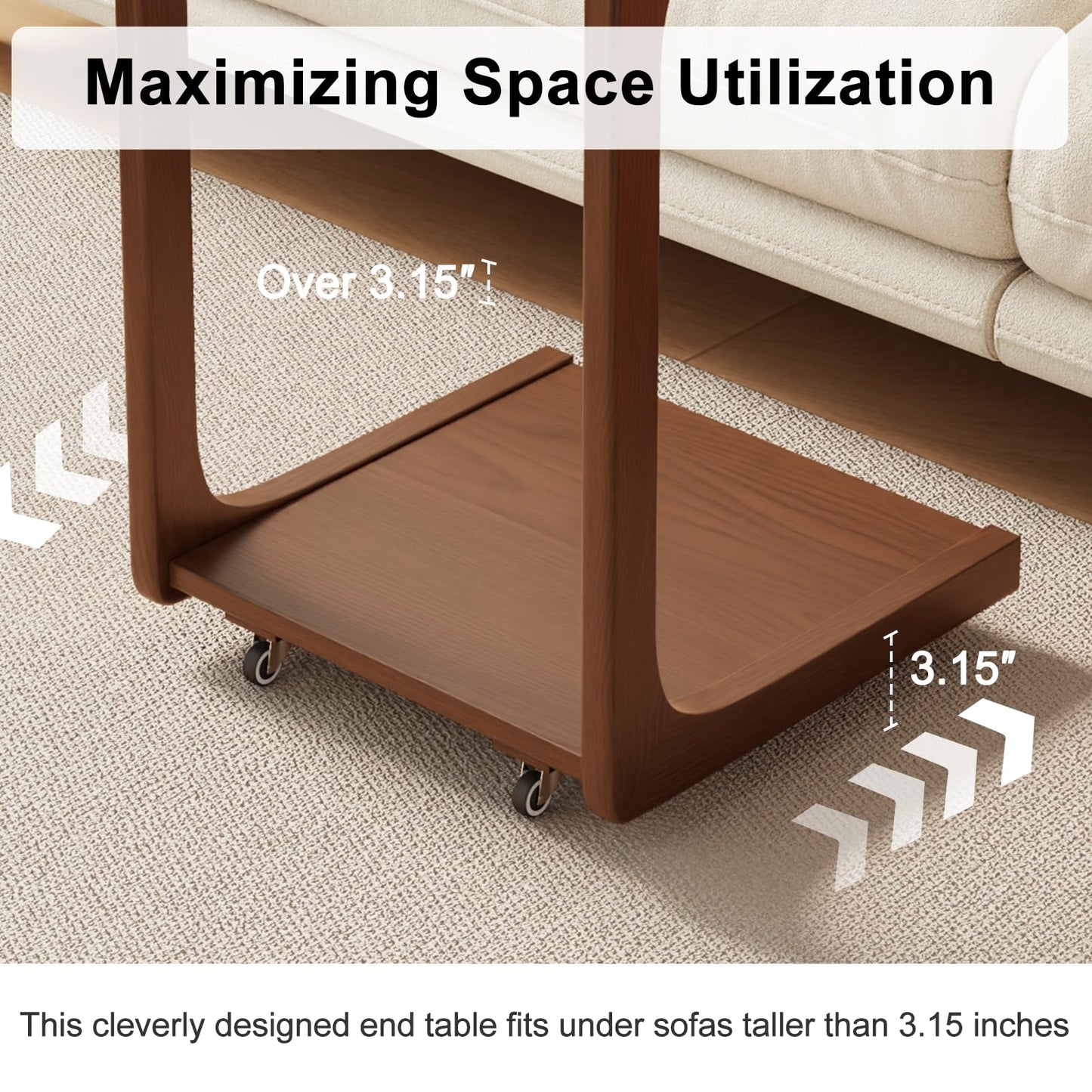 AQIMUELE Wooden C-Shaped End Table,Couch Table with Adjustable Desktop,Small Rolling Side Table with 2 Lockable Wheels 60 Width,Small End Table for