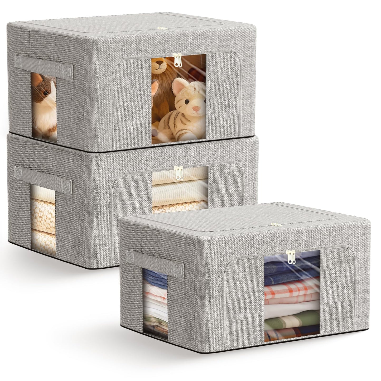 AIOR 3PCS 24L Clothes Storage Bags with Metal Frame, Foldable Fabric Storage Boxes with Clear Windows for Blankets Bedding Comforters