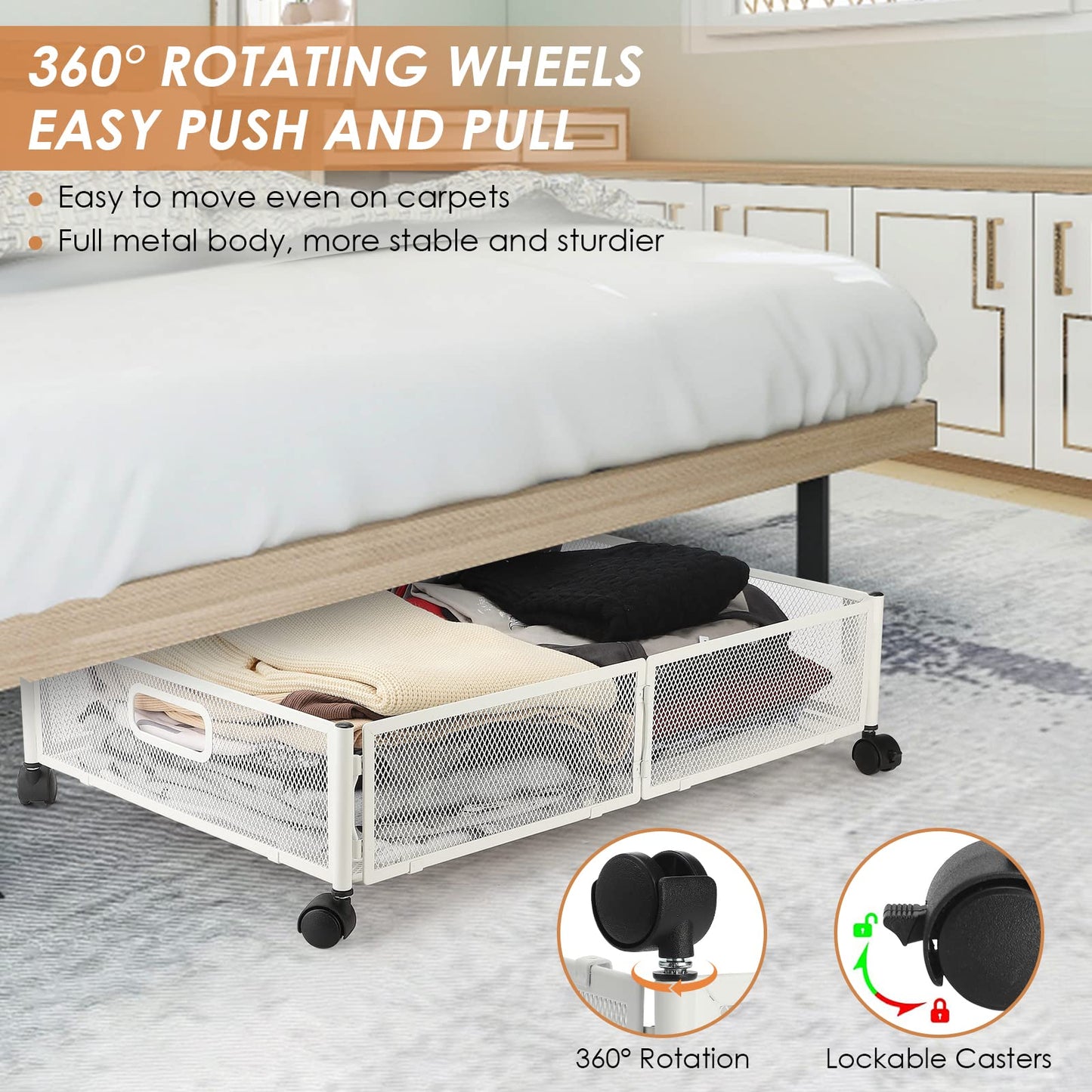 MISNODE Under Bed Storage, Under the Bed Storage Containers with Wheels, Tool-free Assembly Metal Underbed Storage Organizer Drawer for Bedroom