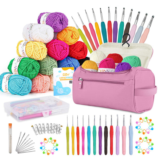 YINVA Crochet Kits for Beginners Adults Crochet Kit 15Pcsx25g Crochet Yarns Ergonomic Metal Crochet Hooks 2mm-8mm Knitting Accessories Tools Storage