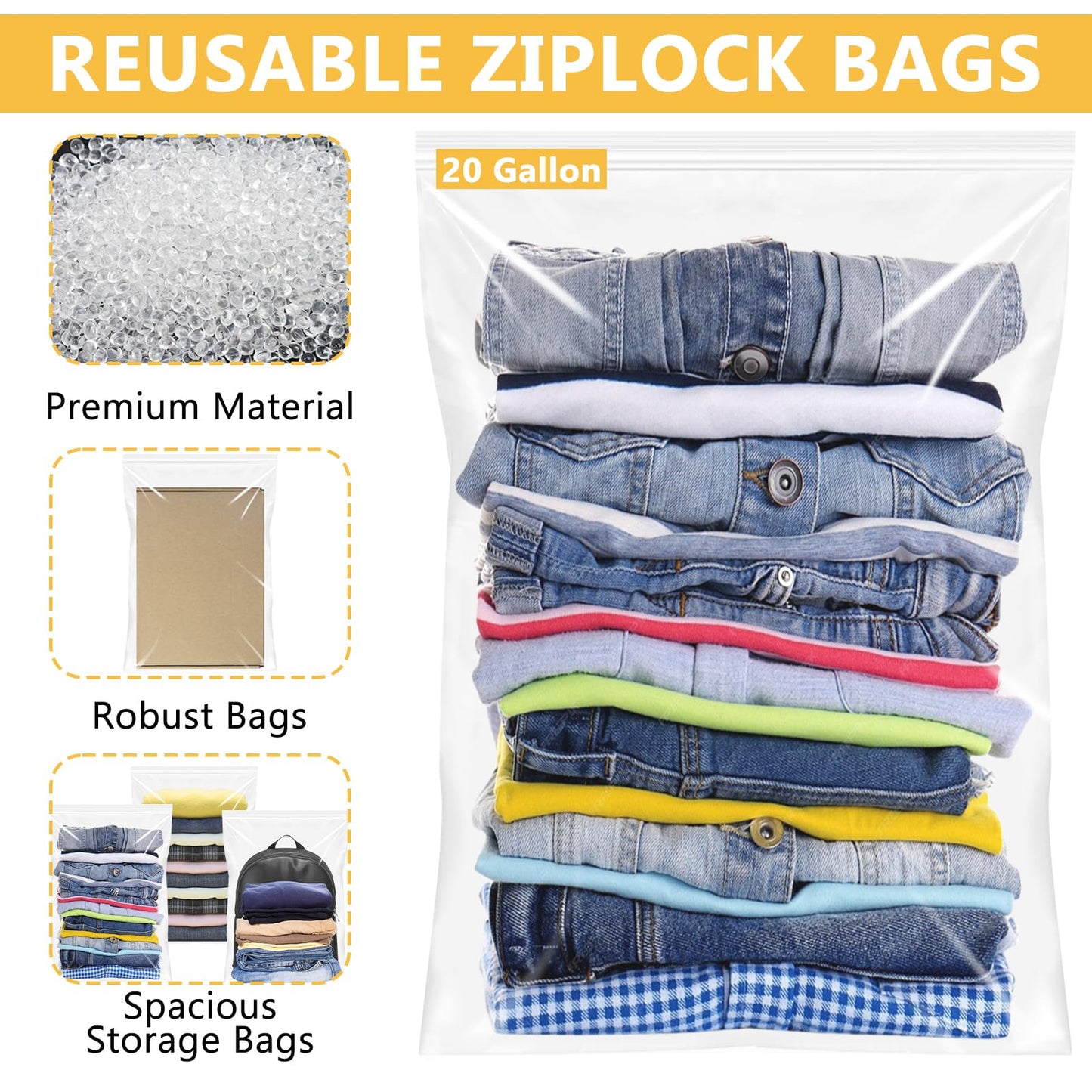 60x80cm Reusable Ziplock Bags for Clothes,20 Pack Large Plastic Hospital Travel Clothes Storage Bags Clear Seal Bag Waterproof Luggage Organiser for