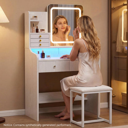 IRONCK Dressing Table with LED Mirror & RGB Lights, Makeup Vanity with Sliding Door Hidden Storage, Power Outlet, Hairdryer Holder