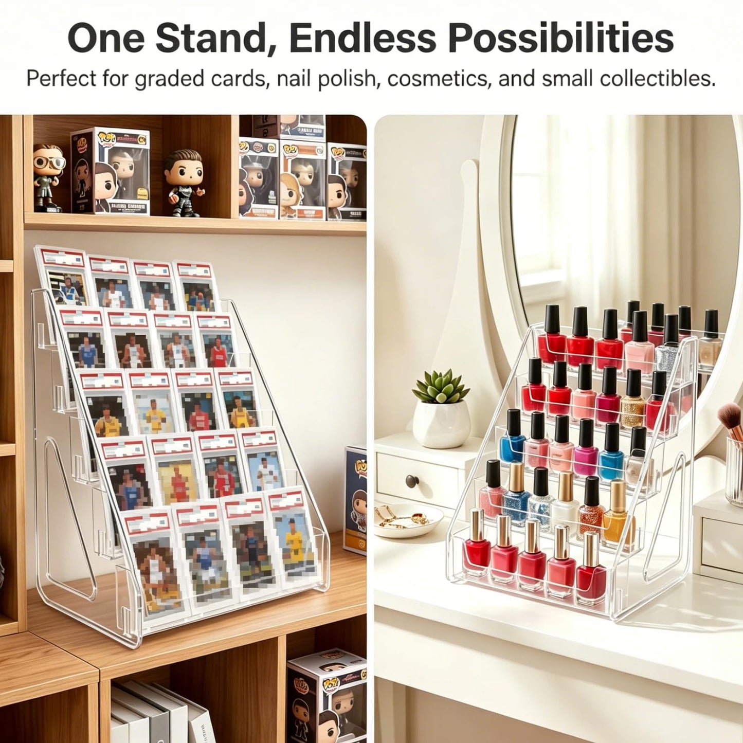 BSLVV 5 Tier Acrylic Display Stand for Trading Cards and Collectibles Clear Vertical Holder with Easy Assembly Perfect for Graded Slabs Postcards
