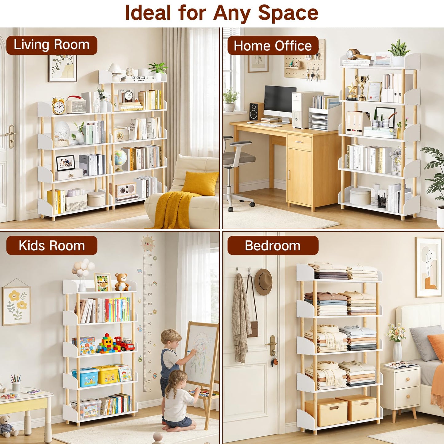 OUTONLIFE 5-Tier Wooden Open Bookcase, Modern Display Bookshelf with Solid Wood Frame and Rounded Corner Design, Storage Organizer for Living Room