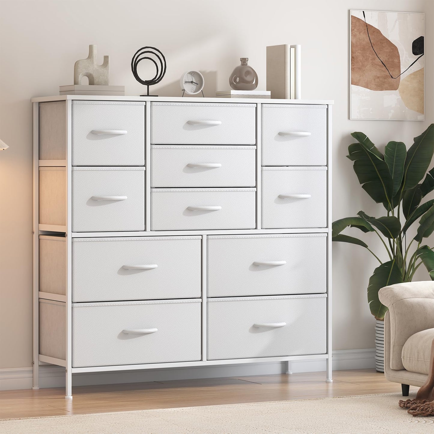 Feonase Chest of Drawers,Bedroom Tall Dresser with 11 Fabric Drawers, Metal Frame & MDF Wood Top, Adjustable Feet, Storage Organizer Unit for Bedroom