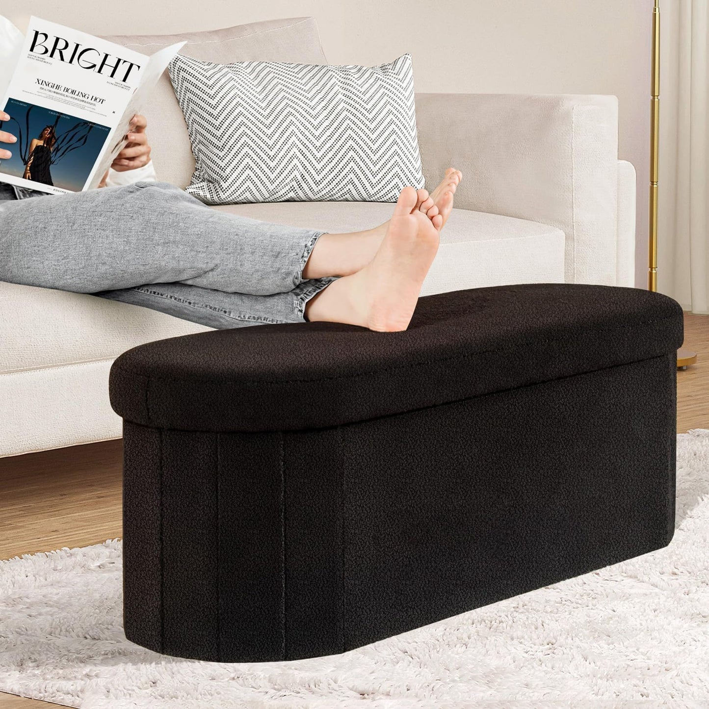 PINPLUS Foldable Oval Ottoman Storage Bench, Black, 110x38x38 cm