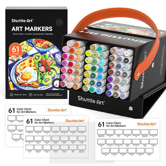 Shuttle Art 61 Colours Alcohol Markers, Dual Tip Art Markers and Blender Art Pens for Drawing, Sketching Highlighting, Marker Pens with Carrying Case
