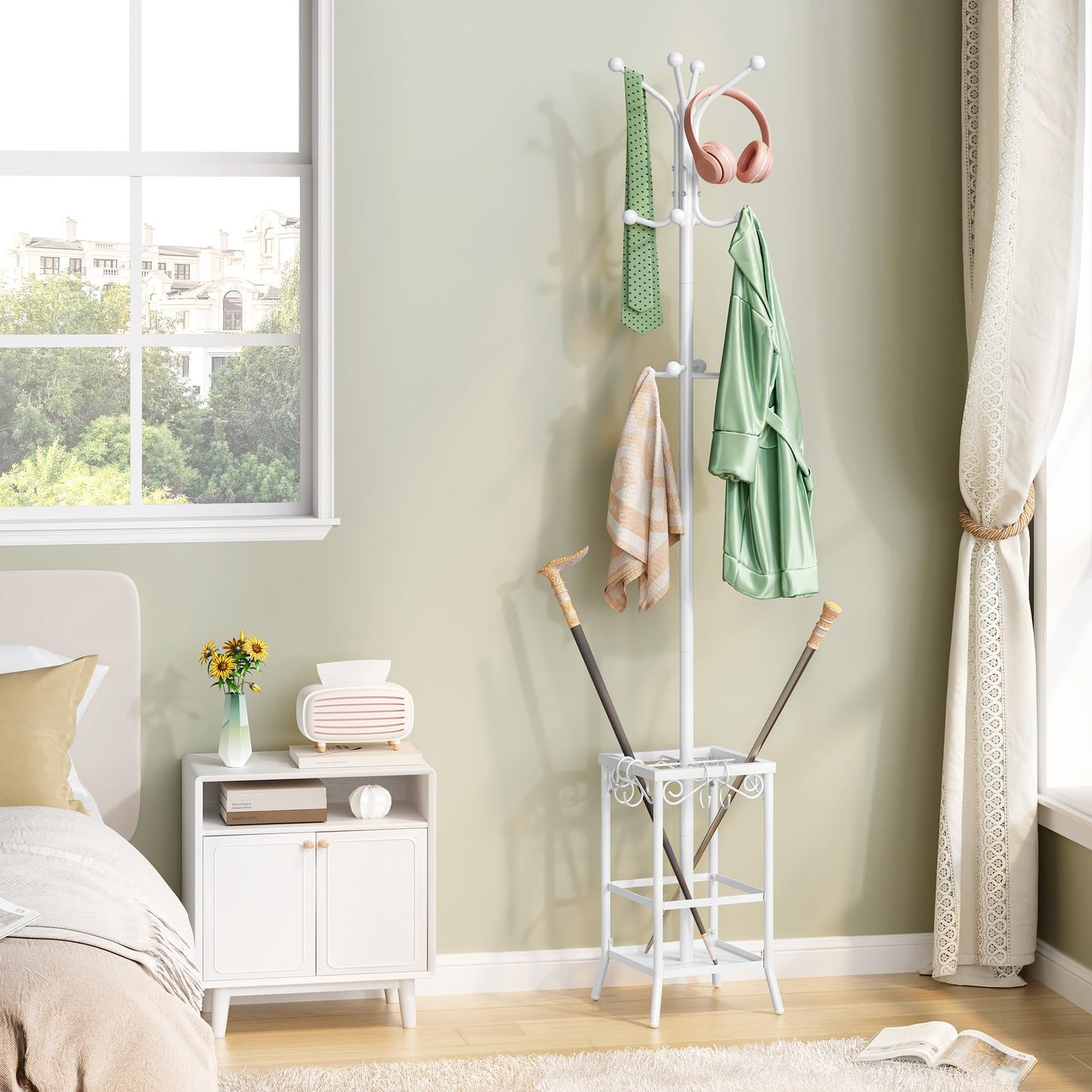 Hoctieon Coat Rack Freestanding, Coat Tree with Umbrella Holder, Metal Coat Rack Stand with 12 Hooks, Standing Coat Hanger Stand