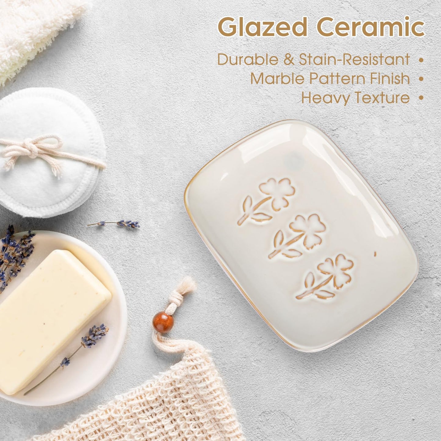 Ceramic Soap Dish, Soap Holder for Bathroom Shower & Kitchen, Anti-Slip Soap Tray with Raised Floral Pattern, Waterproof Glazed Dish Keeps Soap Dry