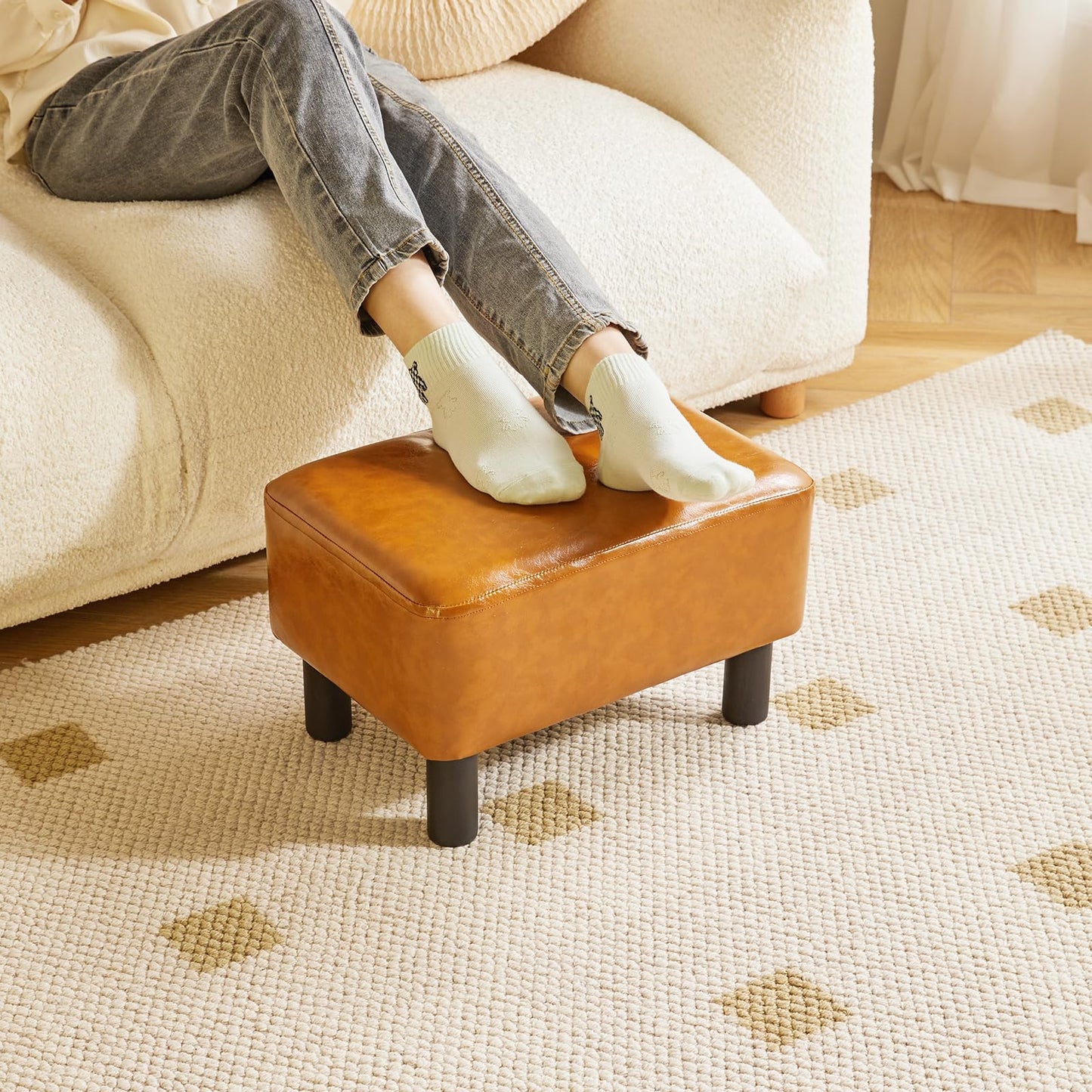 IBUYKE 16.54" Small Footstool PU Leather Ottoman Footrest Modern Home Living Room Bedroom Rectangular Stool, with Padded Seat Pine Wood Legs