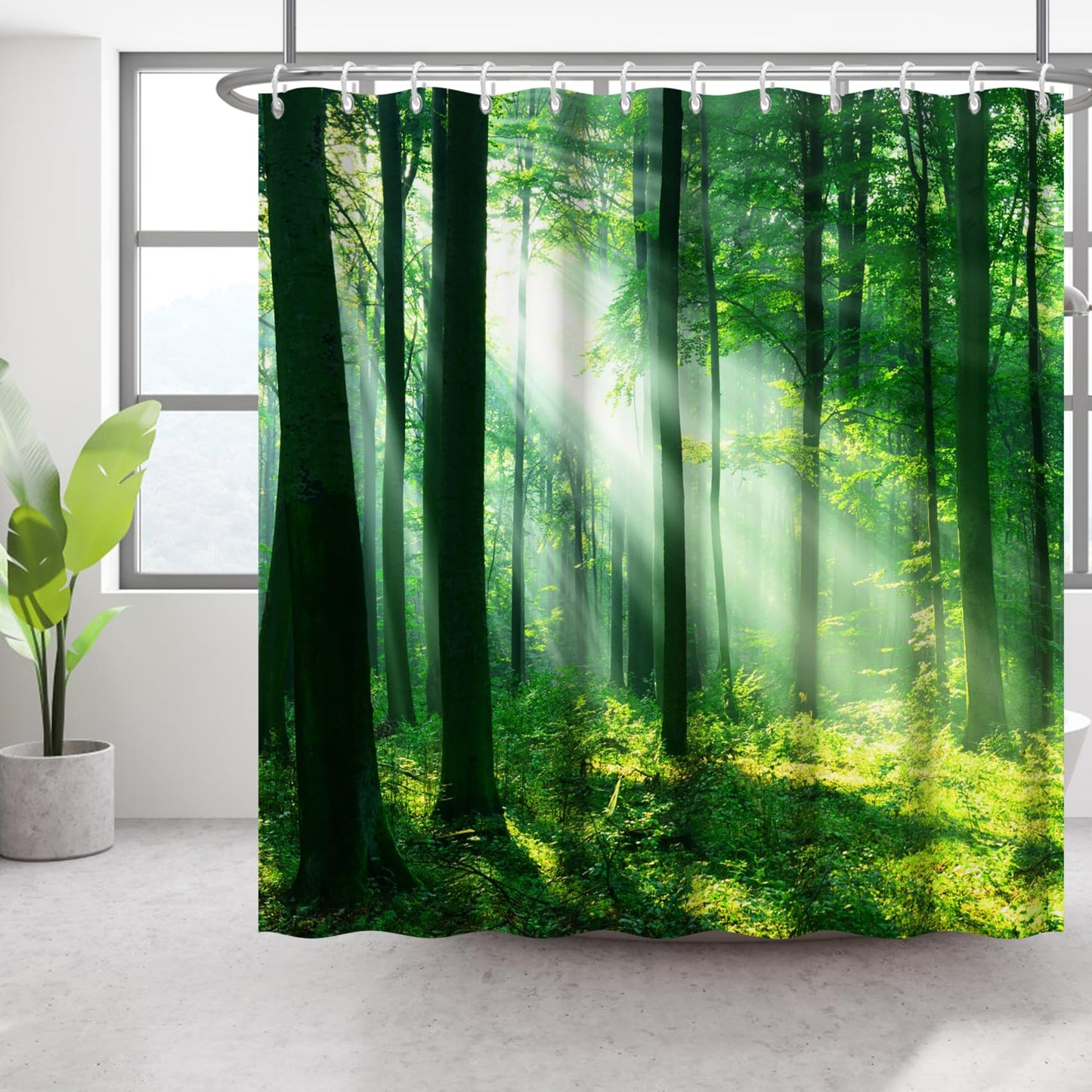 Bovlleetd 60x72inch Morning Forest Sunlight Bathroom Curtain 3D Printing Forest Scenery Natural Shower Curtain Green Woodland Waterproof Bath Curtain