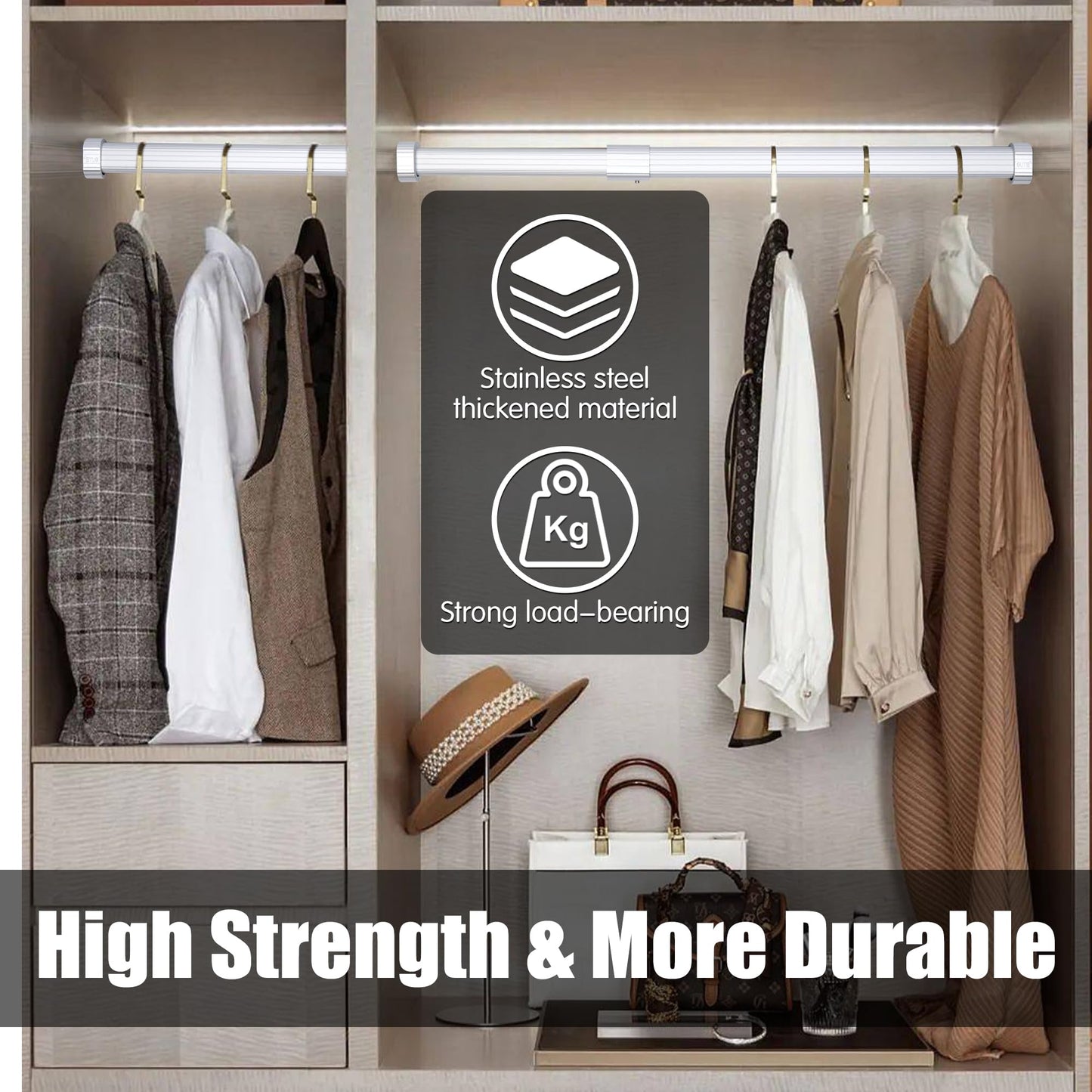 2 Pack Wardrobe Rail Extendable, Wardrobe Rail 42-70cm, Hanging Rails for Clothes, Wardrobe, Shower, Kitchen, Windows with End Sockets, Screws