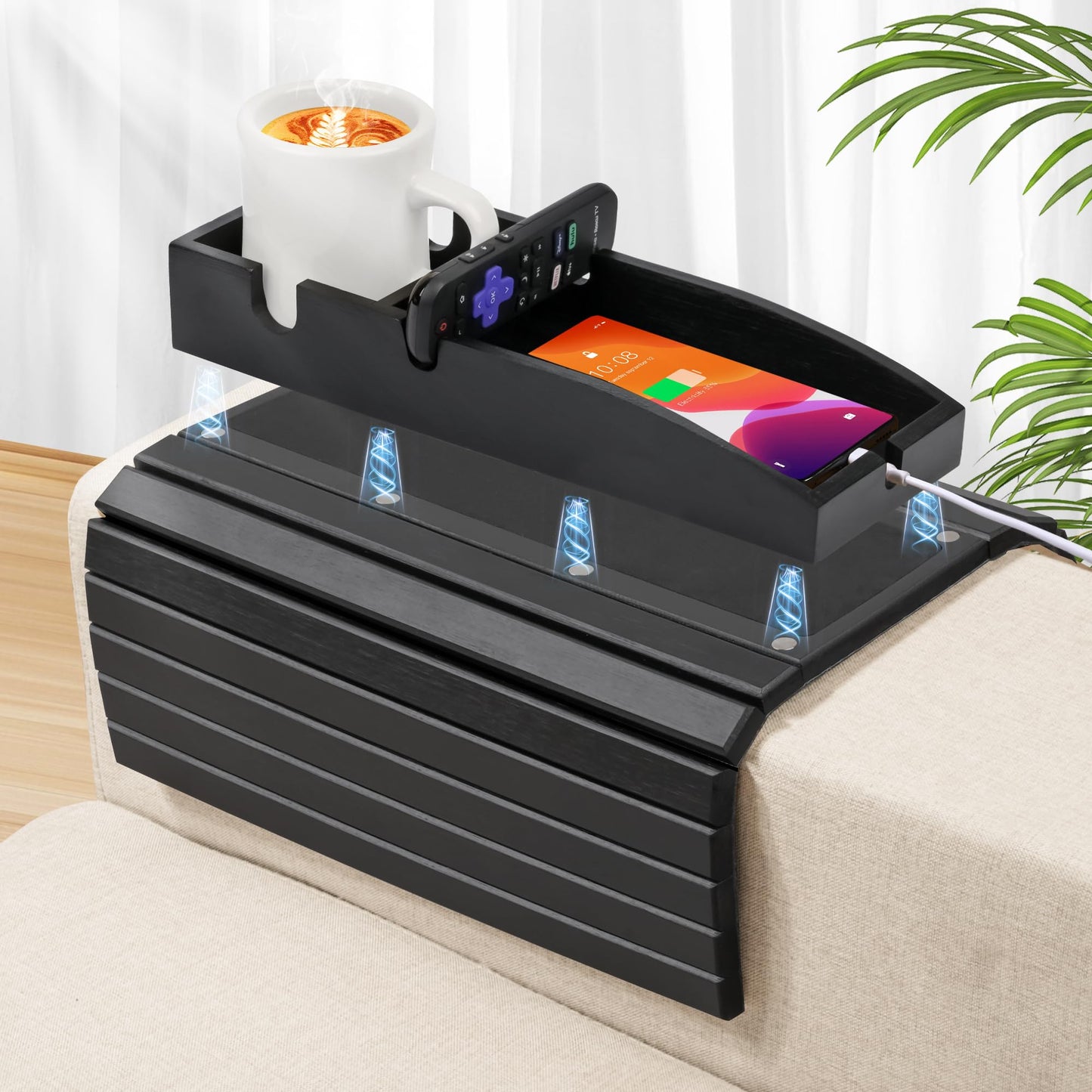 Joy&Grace Couch Cup Holder, 3-in-1 Magnetic Detachable Couch Arm Tray, Bamboo Sofa Armrest Table with Anti-Slip Pad, Sofa Armrest Tray Table (Black)
