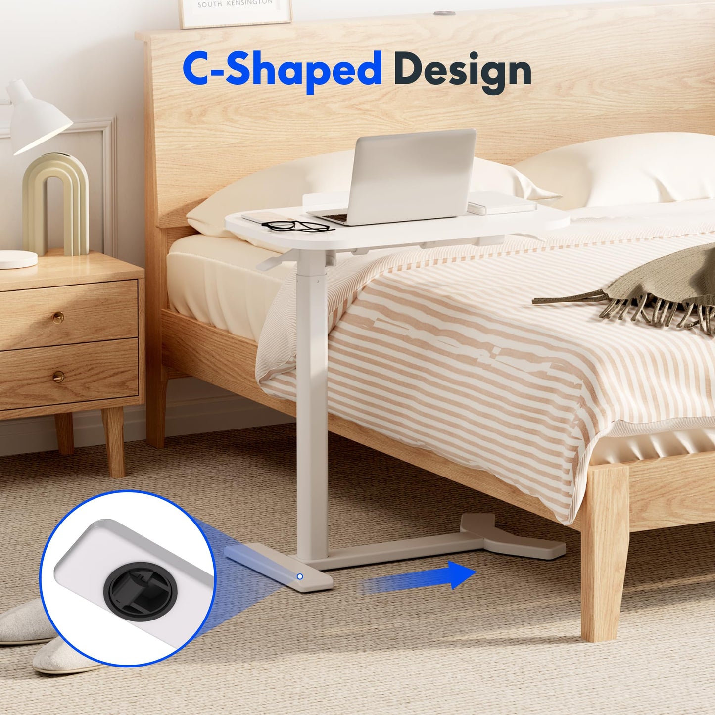 FLEXISPOT Overbed Table with Wheels, Adjustable Height Bedside Table, Rolling Laptop Desk for Bed Sofa, Small Standing Desk 60 x 40 cm
