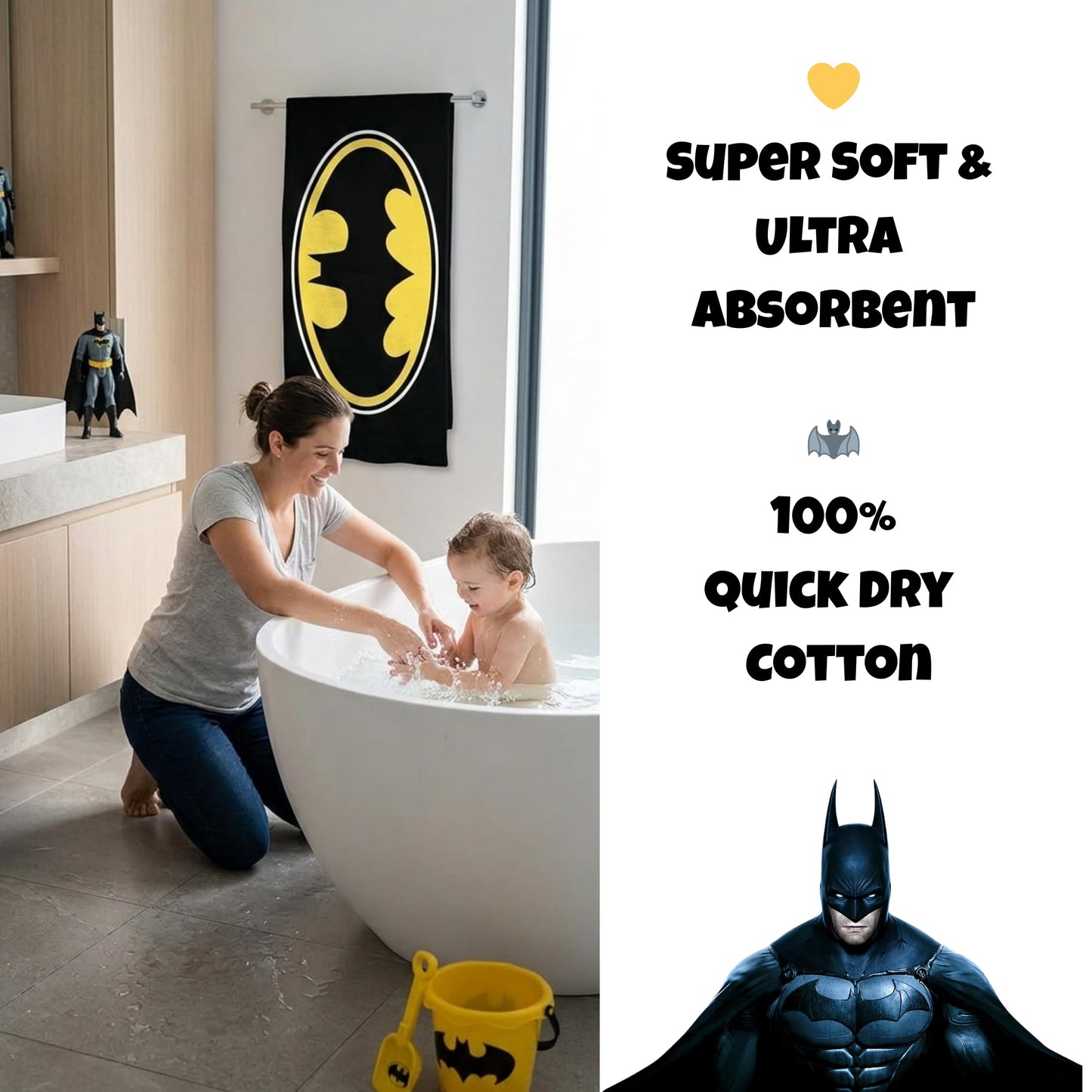 BrandMac Batman Beach and Bath Towel – 100% Cotton, Soft and Absorbent Large Towel 70x140 cm, Ideal for Kids and Adults, Machine Washable