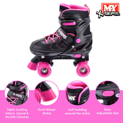 M.Y X-Skate Adjustable Pink Quad Roller Skates with Built In Adjusters Kids Roller Boots for Boys & Girls - Small