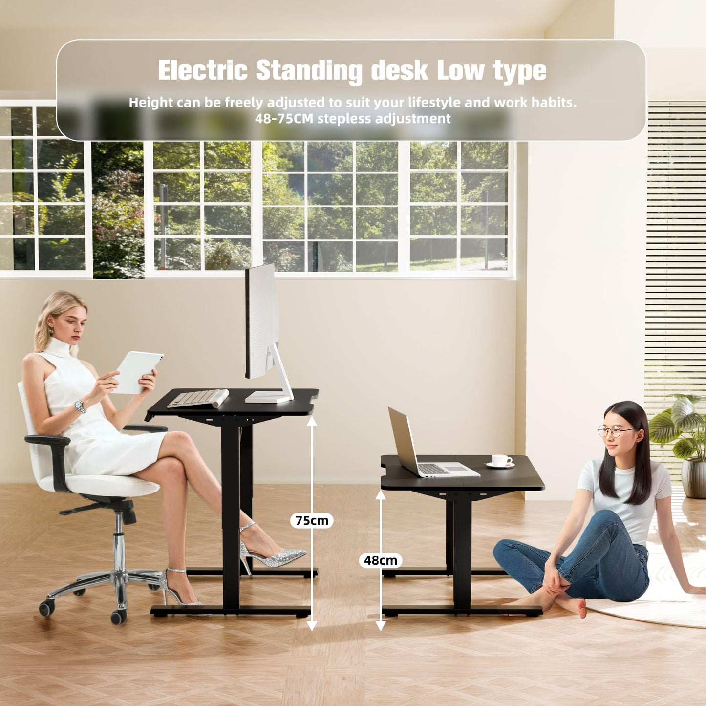 ERGOMAKER Low Height Electric Standing Desk, Lifts 48-75cm, 80x60cm, Black