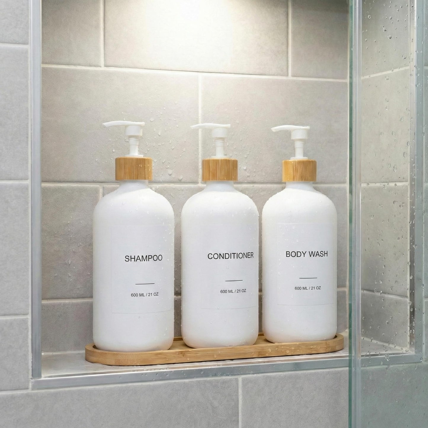 Shampoo and Conditioner Dispenser Set - 3 Pack 600ml/21oz Refillable PET Shower Bottles with Plastic Pump, Bamboo Tray, Funnel & Labels