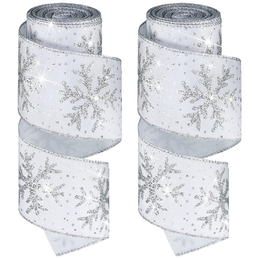 Xinnun Christmas Snowflake Wired Ribbon 2.5 Inches 2 Rolls Satin Glittered Snowflake Wired Edge Christmas Ribbon for Tree Gift Wrapping Home