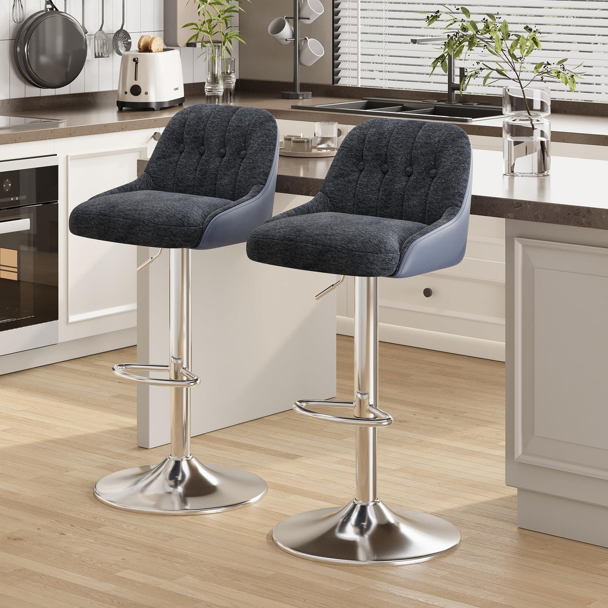 Adjustable Bar Stools Set of 2, Swivel Counter Stools with Backrest, Chenille & Faux Leather Upholstered Bar Chairs
